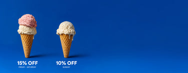 Two ice cream cones on a solid blue background, one with pink and white scoops labeled '15% OFF FRIDAY - SUNDAY' and the other with white scoops labeled '10% OFF SUNDAY'.