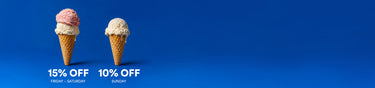 Promotional banner with two ice cream cones on a solid blue background, featuring text that reads '15% OFF Friday - Saturday' and '10% OFF Sunday'.