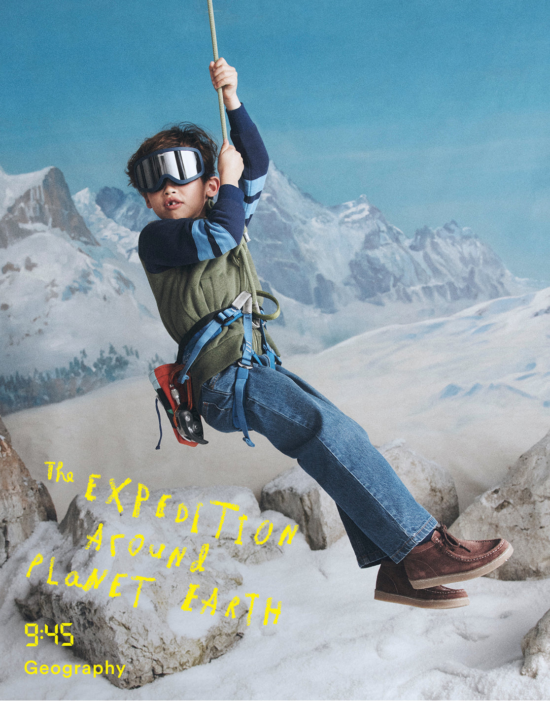 Person in mountain climbing gear against a snowy mountain backdrop with text overlay.