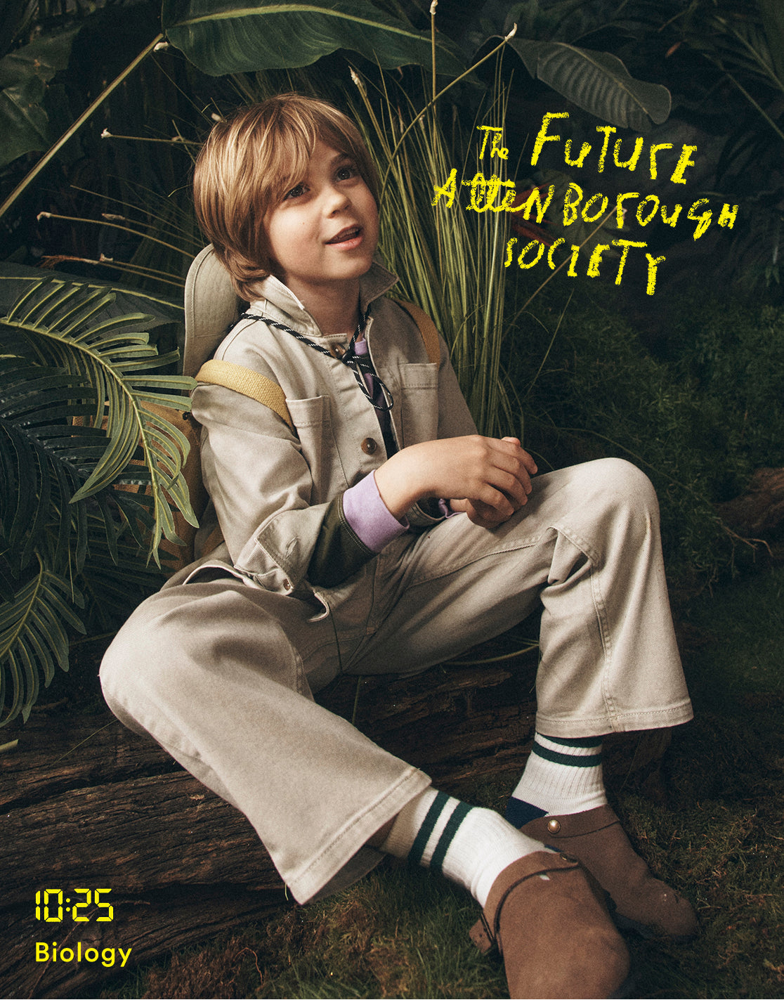 Child sitting among plants with text 'The Future of Athen Borough Society' and timestamp '10:25 Biology'.