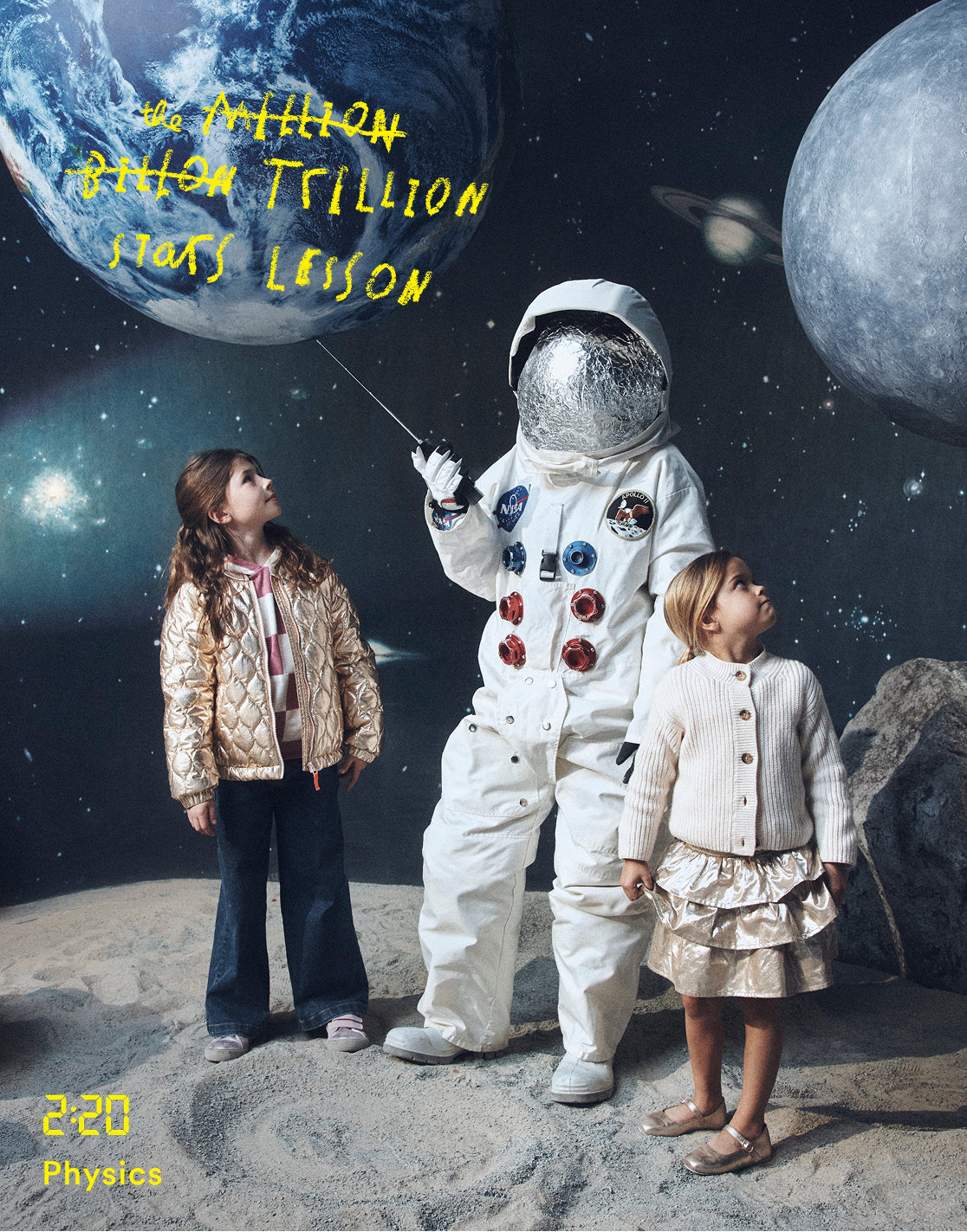 Person in an astronaut suit with two children on a lunar surface, with text about physics and numbers.