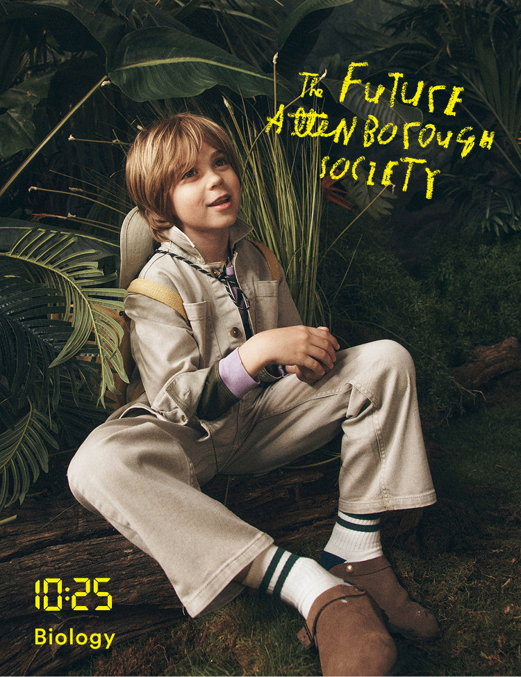 Child sitting among plants with text overlay 'The Future Altonborough Society' and timestamp '10:25 Biology'.