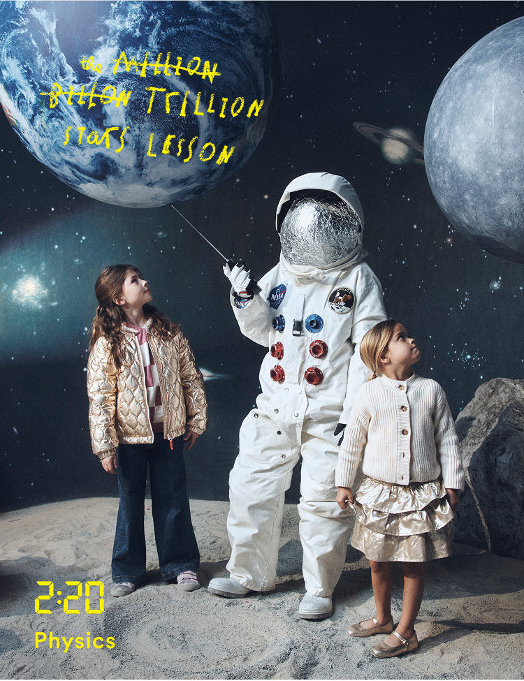 Person in an astronaut suit with two children on a lunar surface, with celestial bodies in the background.