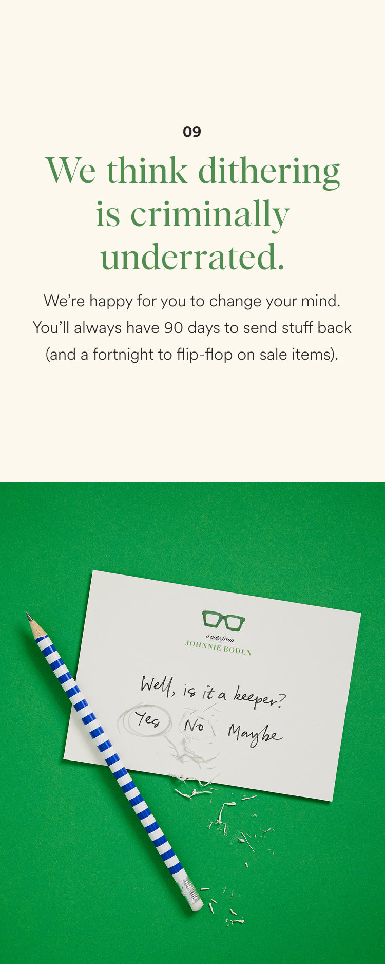 Note with text and a pencil on a green background