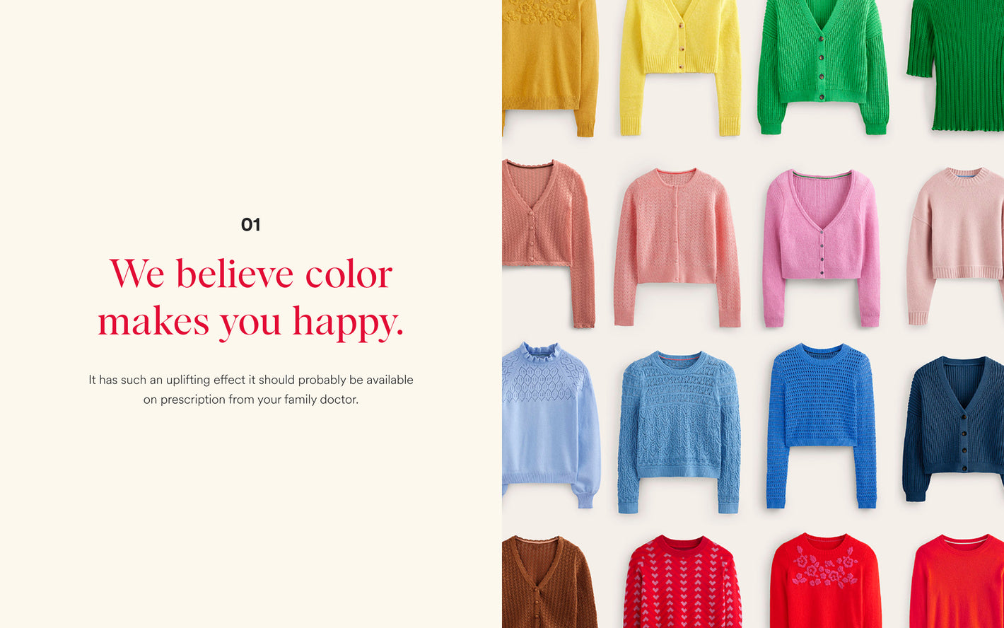 Colorful sweaters displayed against a white background with text about color psychology.