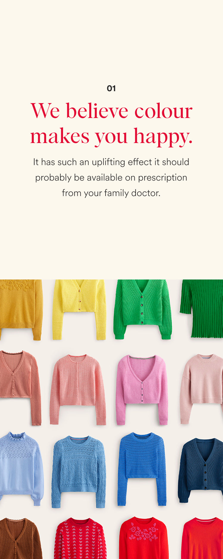 Colorful sweaters displayed on mannequins with text about color's positive impact.
