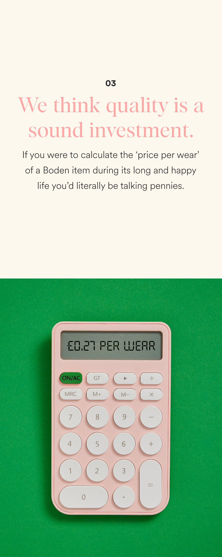 Pink calculator on a green background with text about quality investment.