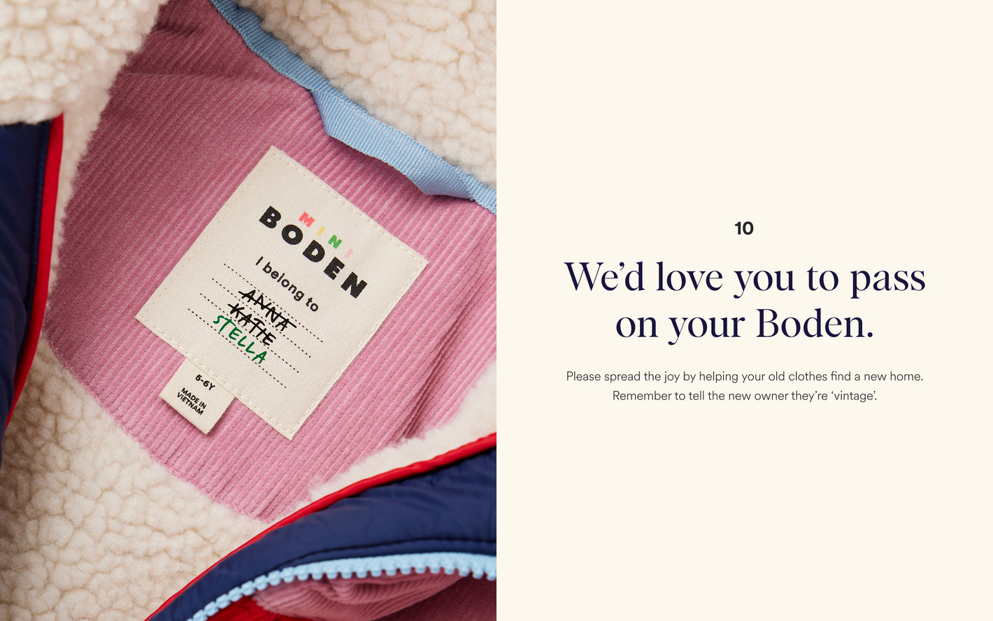 Boden clothing with a tag and text about passing on clothes.