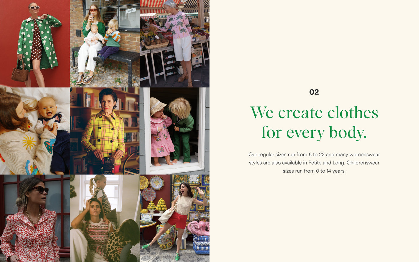 Collage of people wearing clothes with text 'We create clothes for every body.'