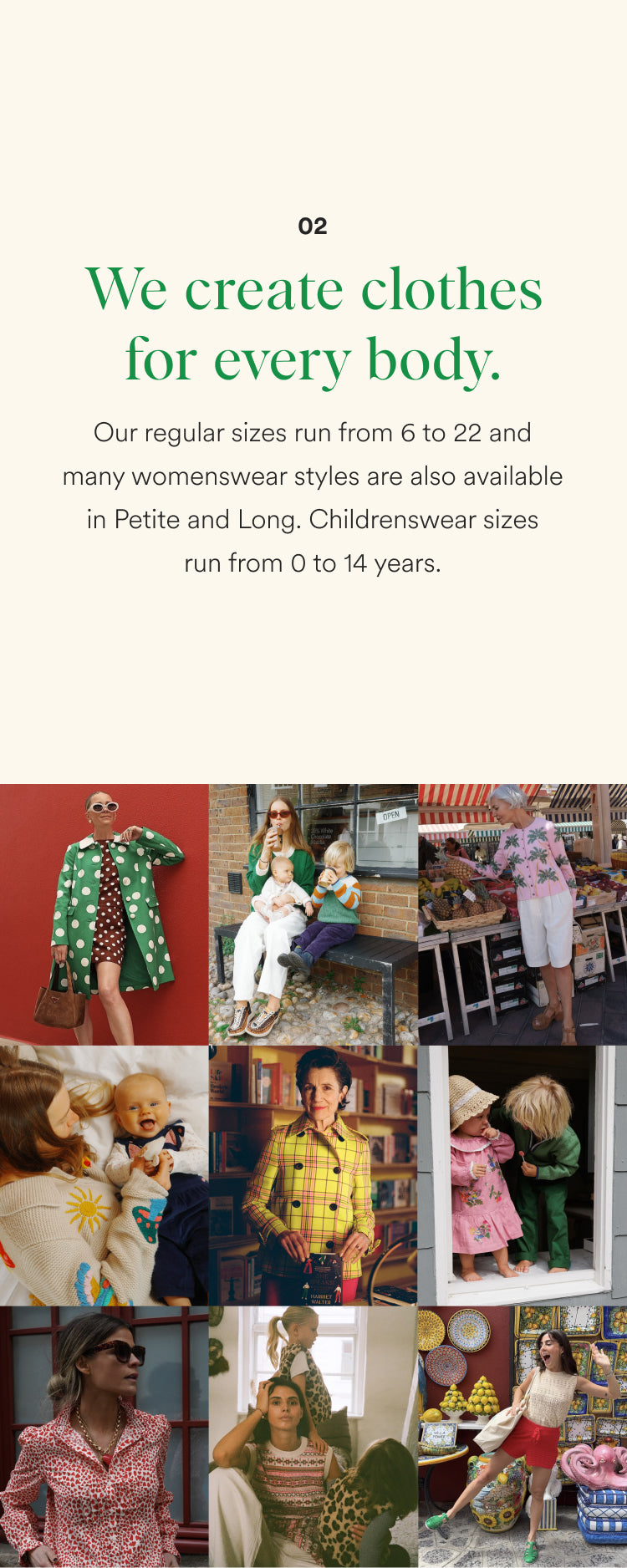 Collage of people wearing clothes with text about clothing for every body size.