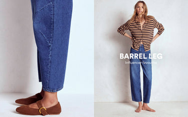 Woman wearing barrel leg jeans with text on a white background