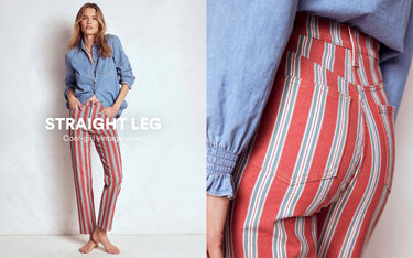 Woman wearing red and white striped pants with a blue shirt, standing against a white background.