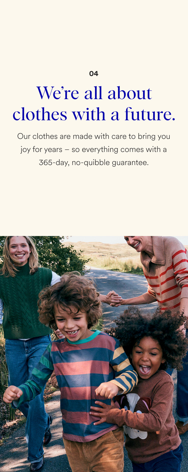 Family with children outdoors, promotional text about clothes with a future guarantee.