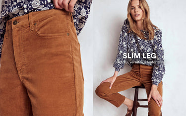 Brown slim leg pants worn by a person sitting on a stool against a white background.