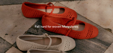 Red and beige woven Mary Janes on a stone surface with text overlay.