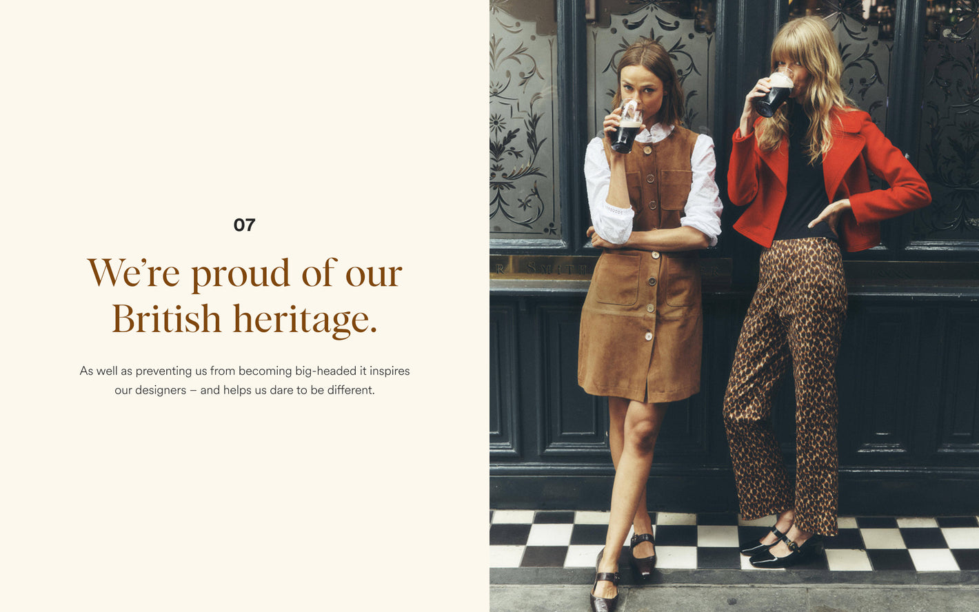 Two women standing on a checkered floor, one in a brown skirt and white blouse, the other in a red jacket and leopard print pants, with text about British heritage.