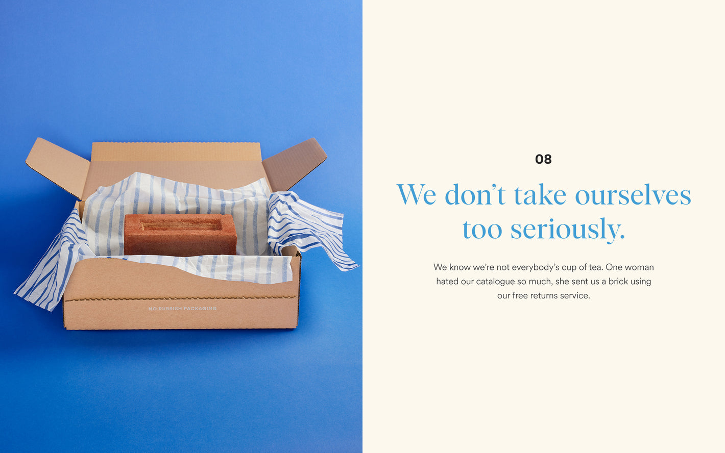 Open cardboard box with striped fabric and brick on a blue background, with text on the right.