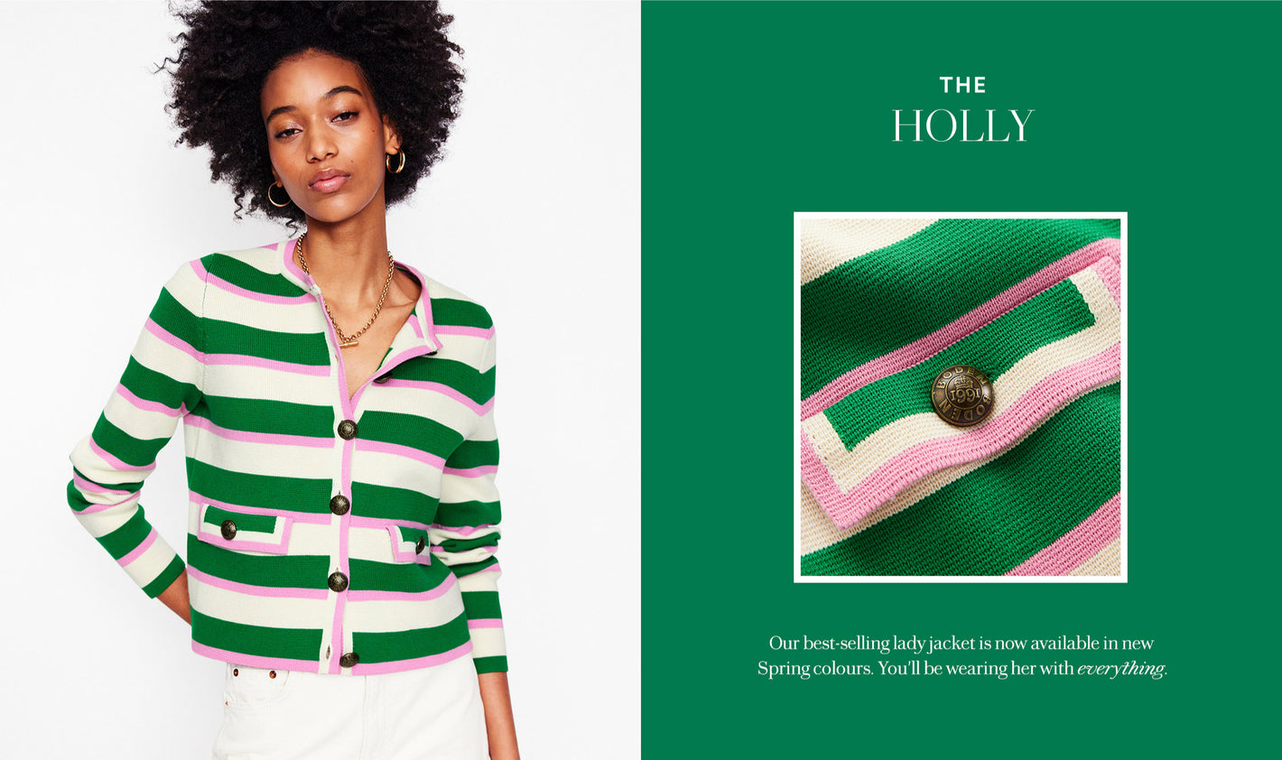 Image text: The Holly, Our best-selling lady jacket is now available in new Spring colors. You'll be wearing her with everything. Image link Holly Knitted Jacket.