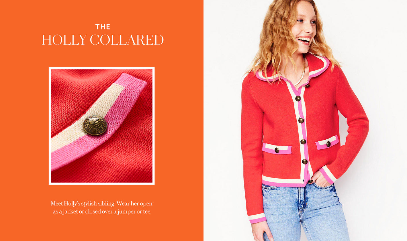 Image text: The Holly Collared, Meet Holly's stylish sibling. Wear her open as a jacket or closed over a jumper or tee. Image link to Holly Collared Knitted Jacket