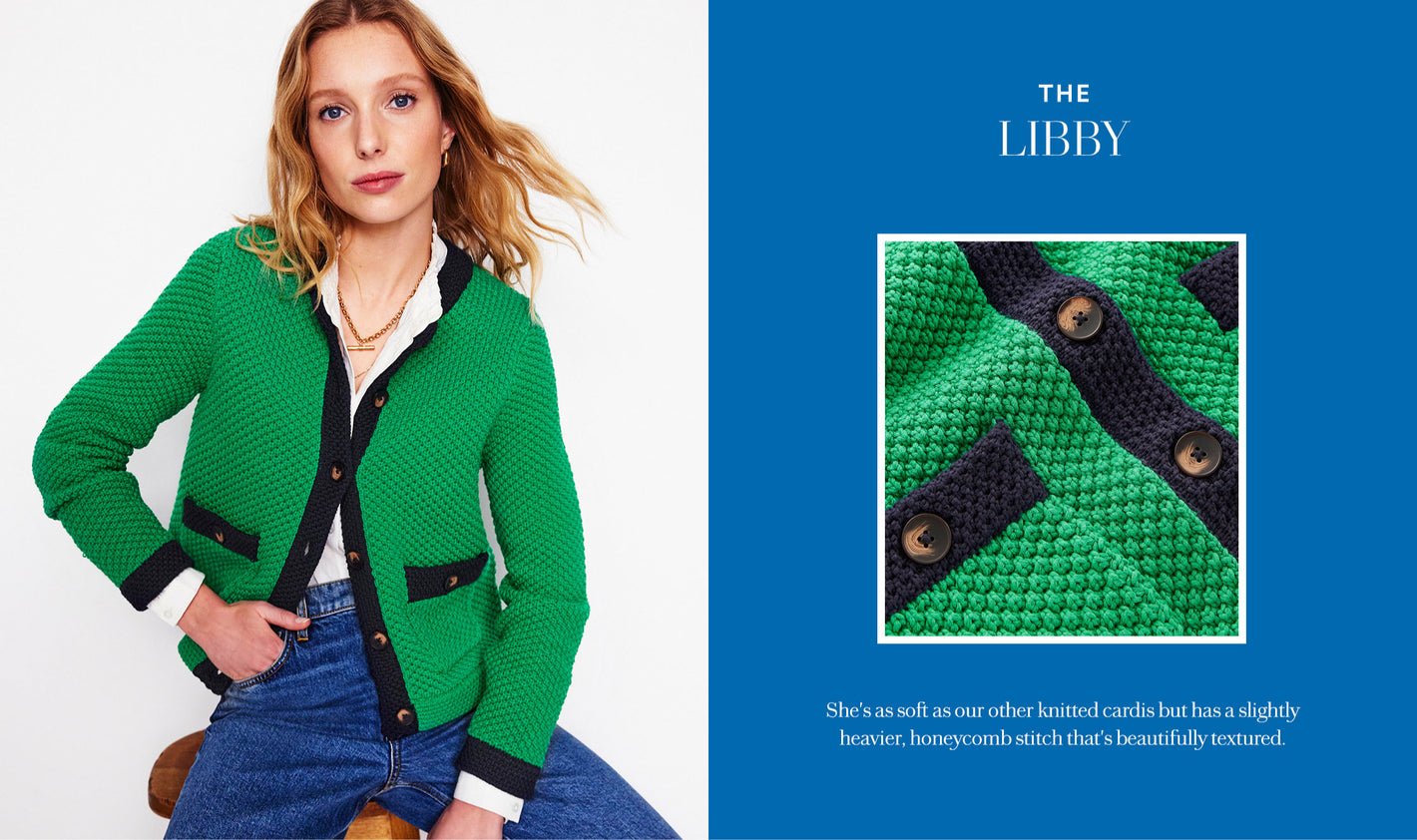 Image text: The Libby, She's as soft as our other knitted cardis but has a slightly heavier, honeycomb stitch that's beautifully textured. Image link Libby Knitted Jacket