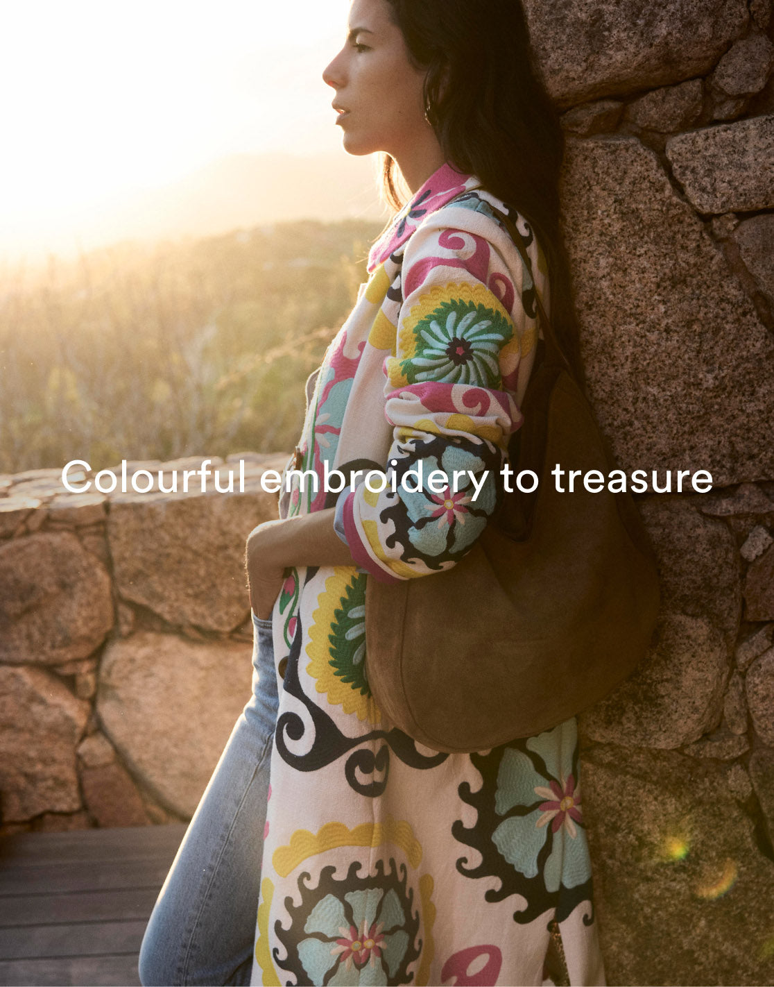 Caption "Colourful embroidery to treasure", linking to Embroidered Souvenir Coat - Multi Ornamental Wave