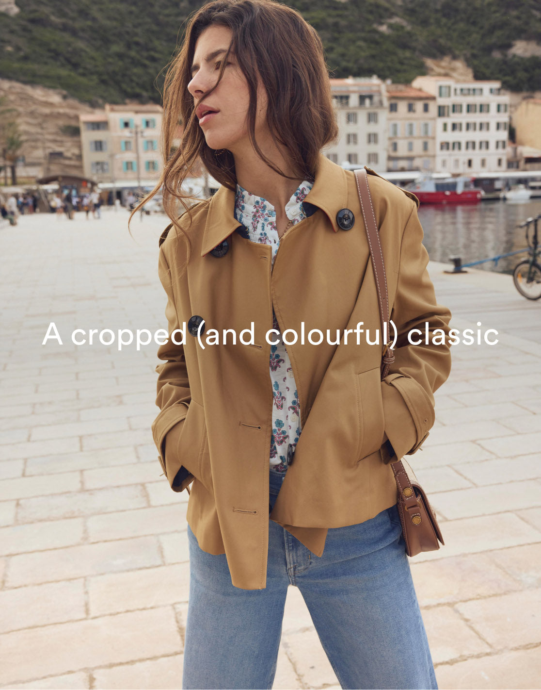 Caption "A cropped (and colourful) classic", linking to Mayfair Cropped Trench - Hazelnut Brown