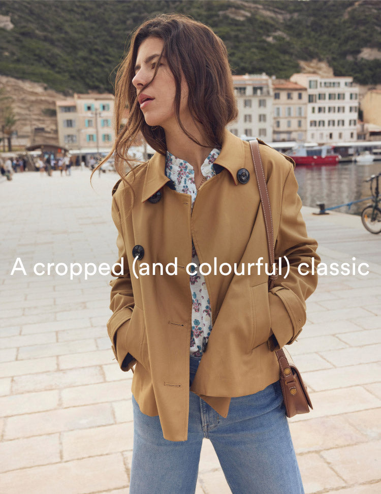 Caption "A cropped (and colourful) classic", linking to Mayfair Cropped Trench - Hazelnut Brown