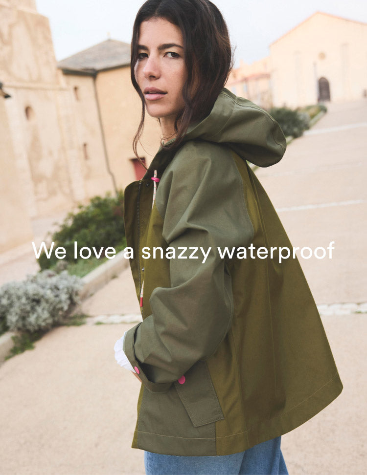 Caption "We love a snazzy waterproof", linking to Boden Cropped Raincoat - Khaki