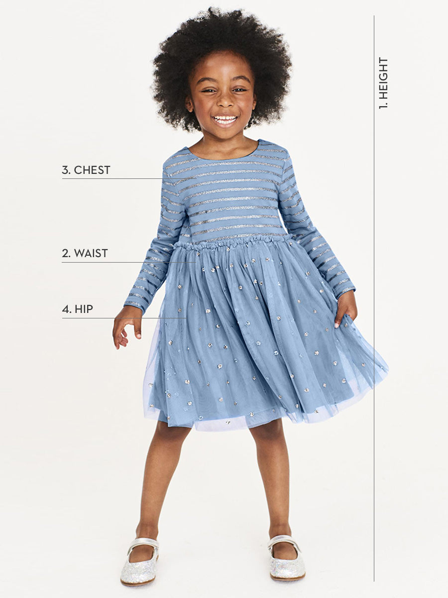 Boden girl model image with text pointing to the height, waist, chest & hip of her outfit