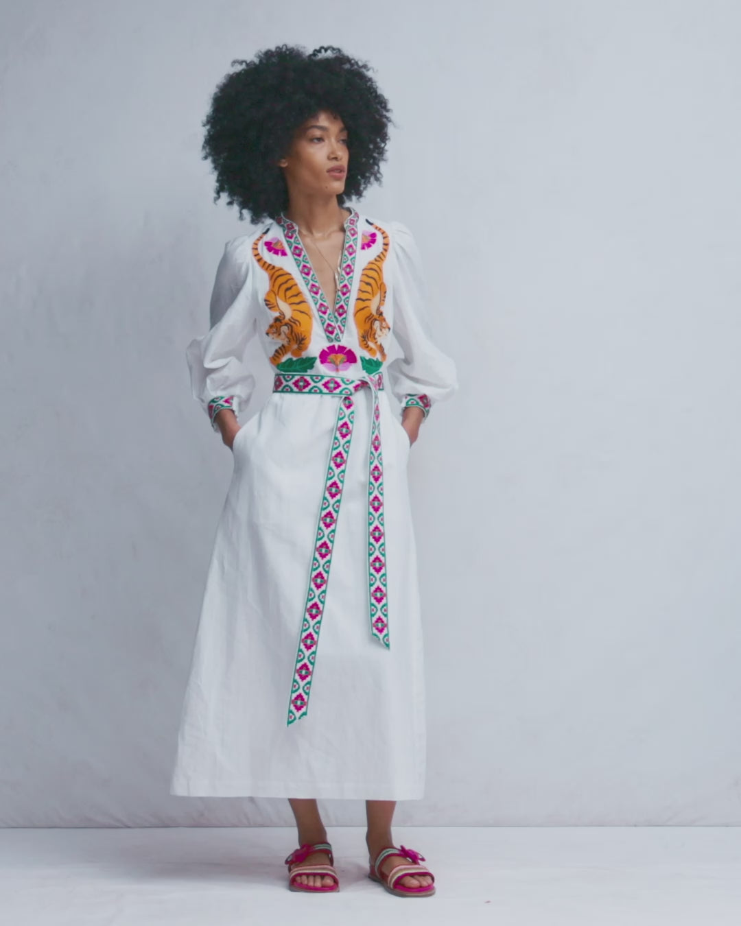 Octavia Linen Blend Dress-Tiger Embroidery-2