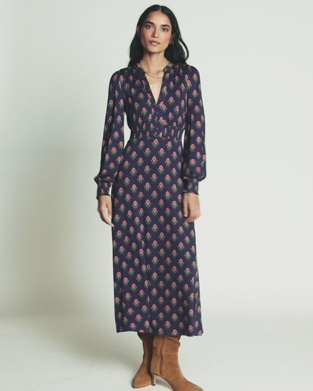 Georgia Jersey Midi Dress-Navy, Flourishing Sprig Stamp-2
