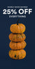 Four orange pumpkins are stacked vertically against a dark navy background beneath the text “Scarily Good Savings, 25% Off Everything.” The promotional video features the seasonal Halloween offer in bold white lettering, with the pumpkins arranged in a tower at the centre.