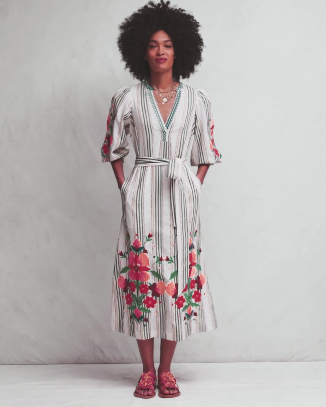 Octavia Cotton Dress-Multi Embroidery Stripe
