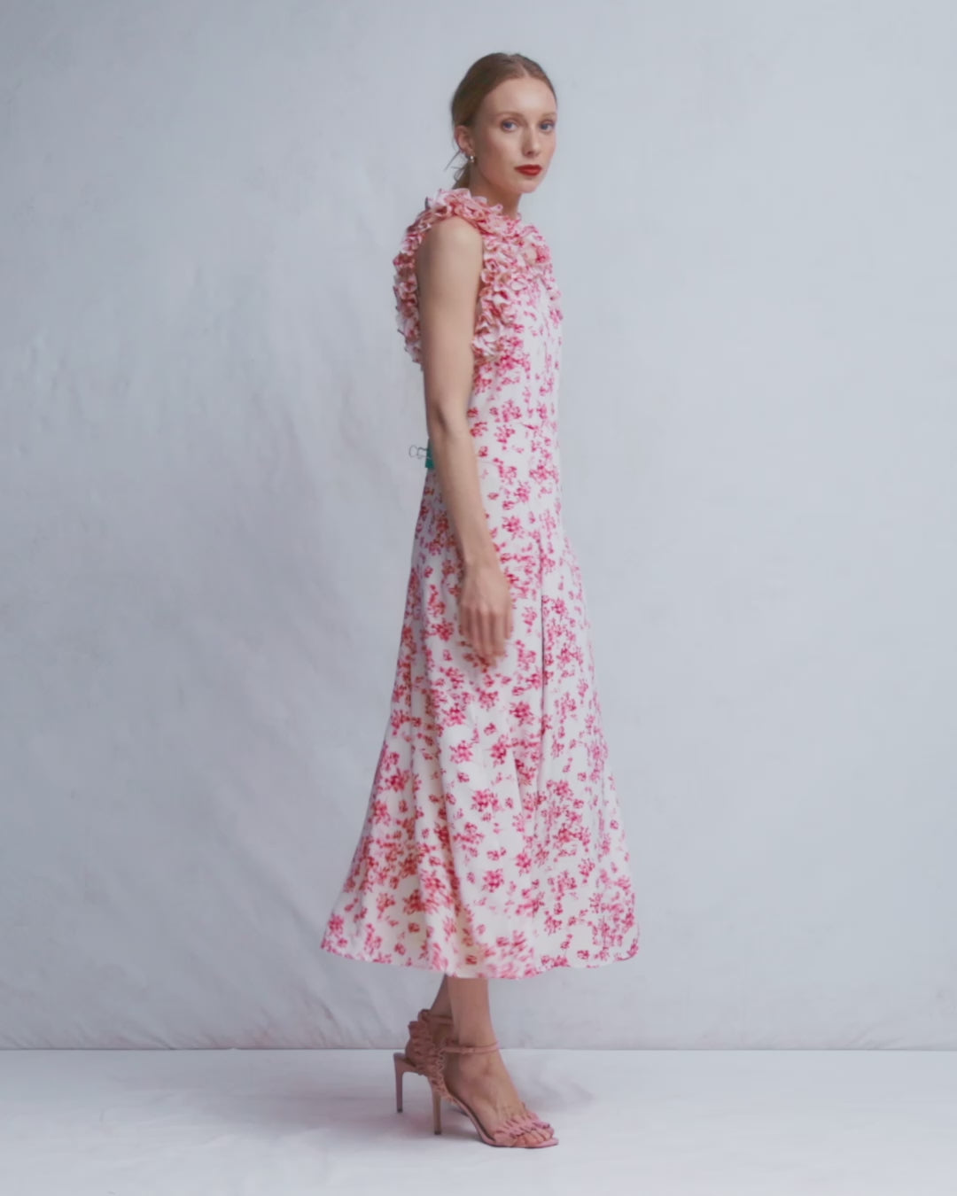 Ruffle Silk Midi Dress-Pink Bloom Scatter Mono-2