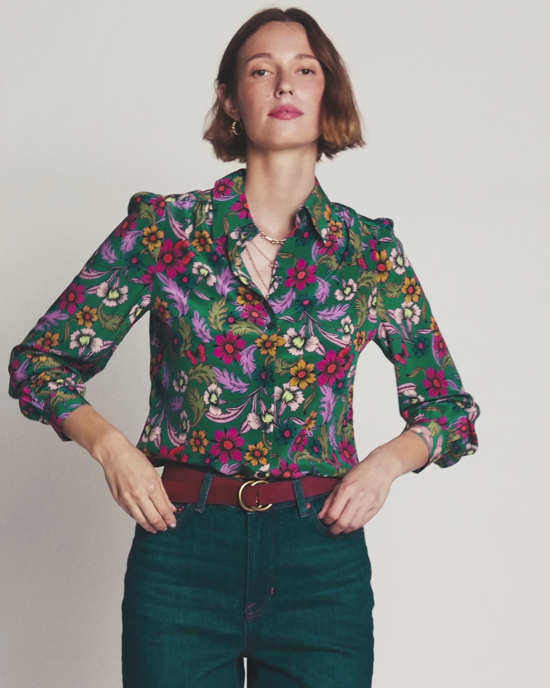 Sara Silk Shirt-Green, Butterfly Bouquet-2