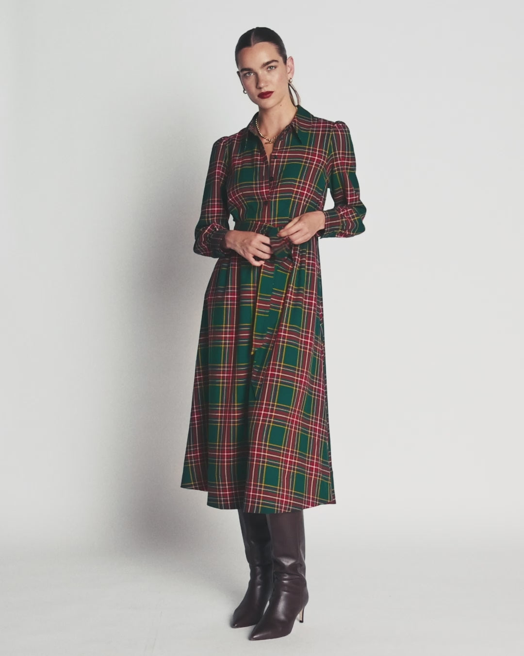 Maeve Check Midi Shirt Dress-Green, Navy and Red Check-2