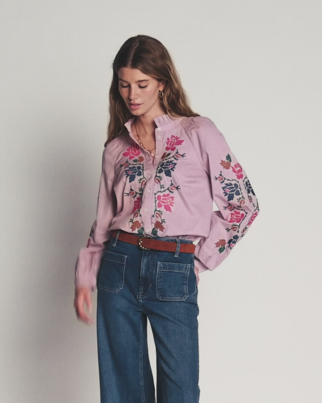 Erica Cotton Frill Top-Soft Pink, Embroidered Floral-2