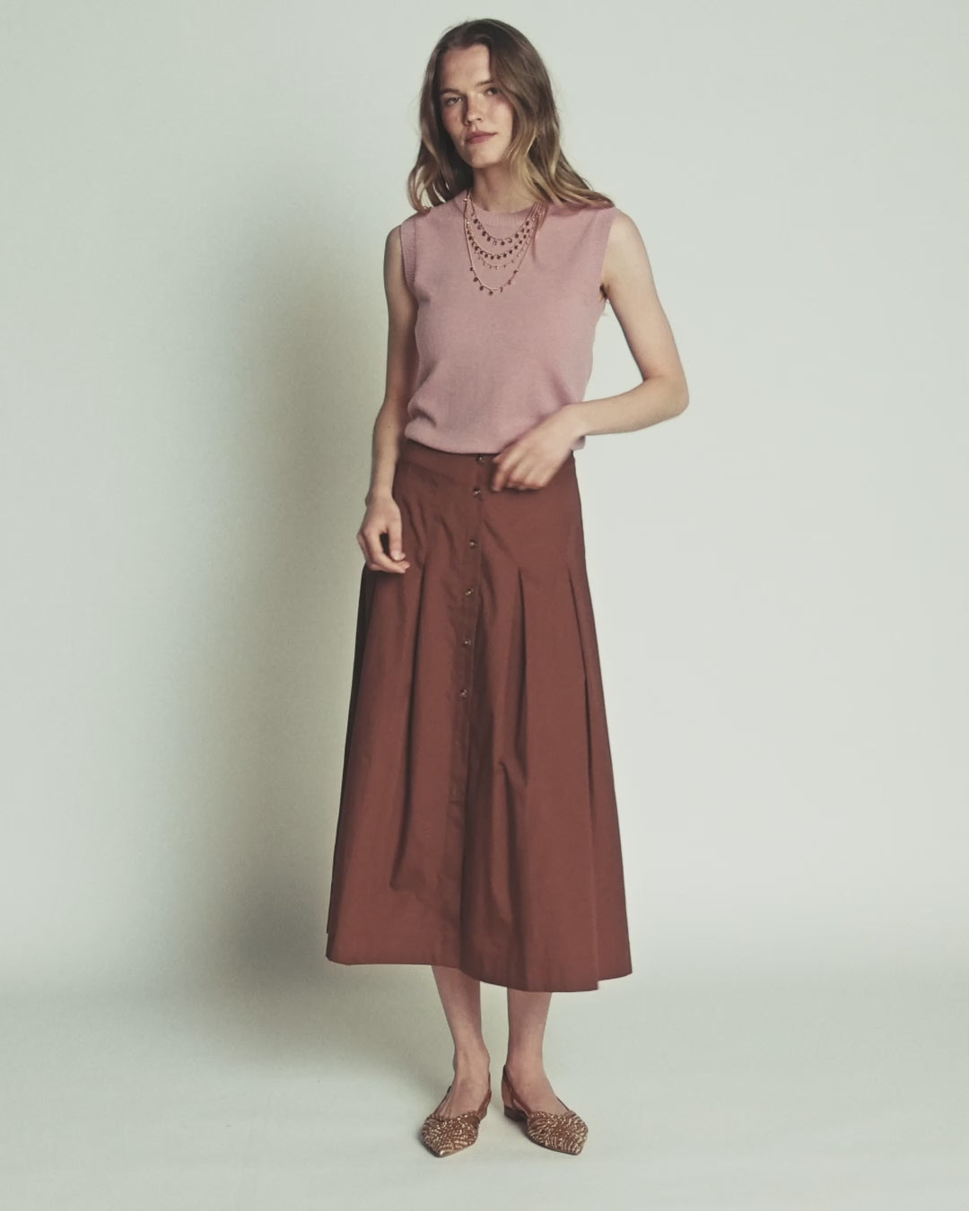 Button Front Pleated Skirt-Raw Umber