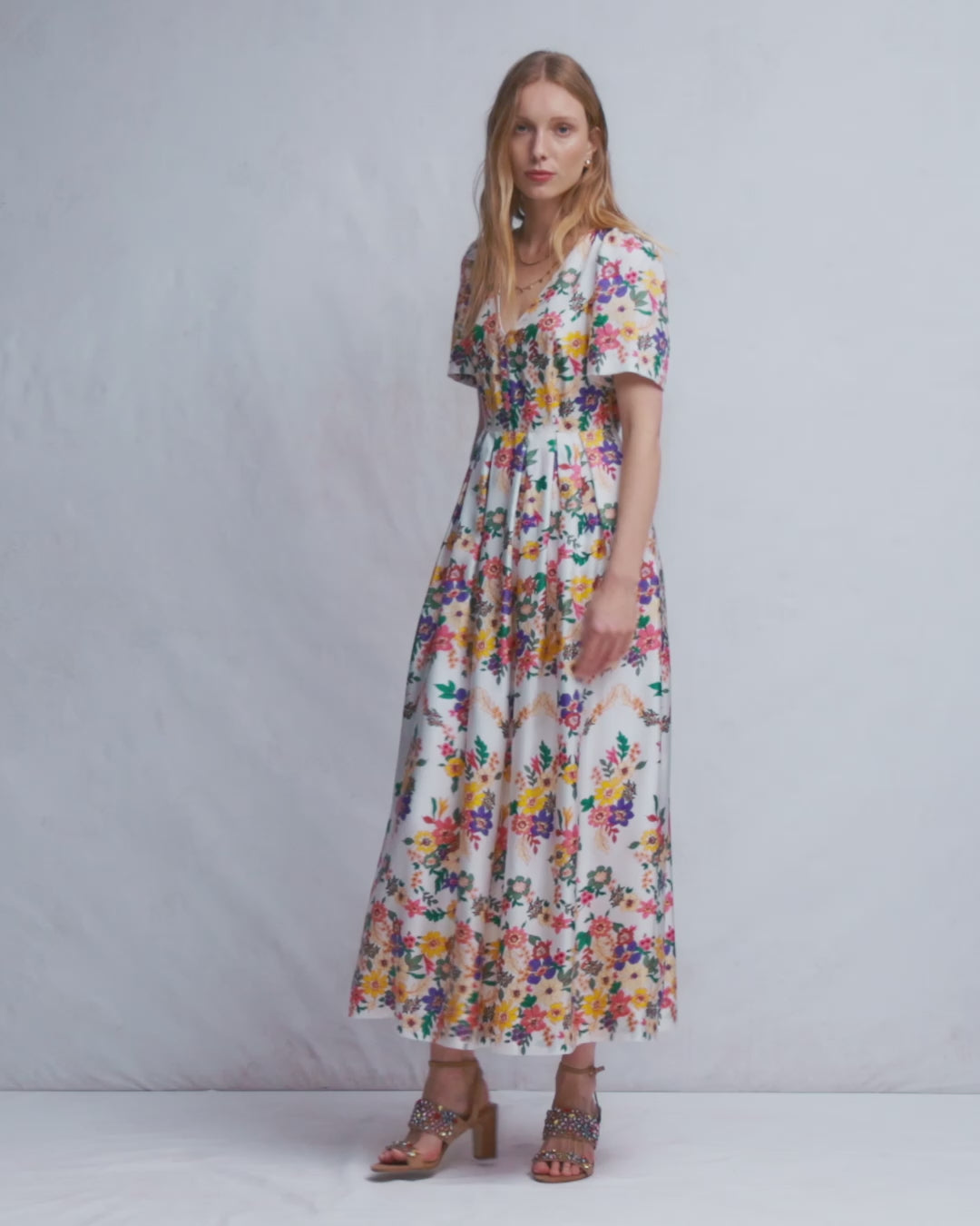 Pleat V-neck Dress-Multi Meadow Flowers-2