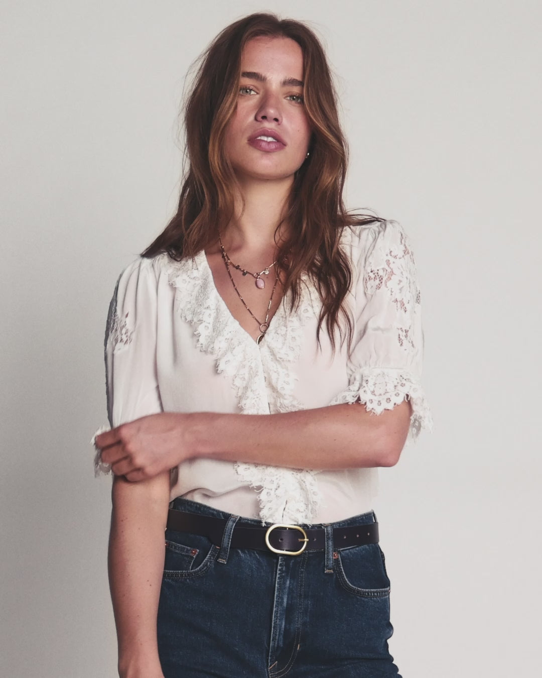 Ruffle V-neck Lace Top