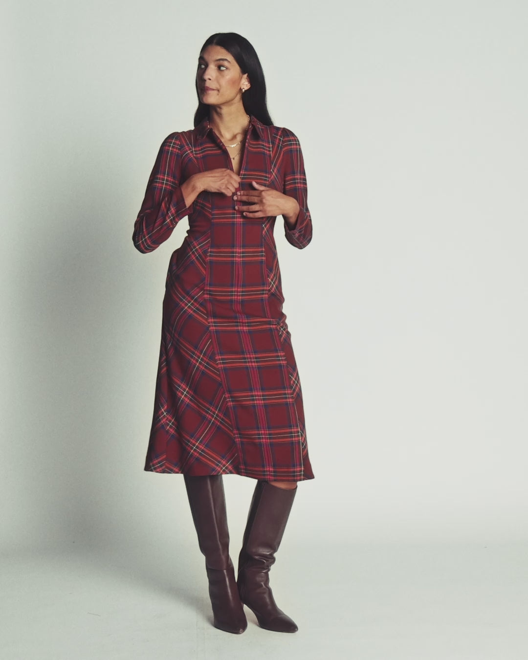 Una Collared Check Midi Dress