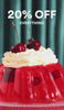 Red jelly dessert with whipped cream and cherries on a green curtain background with '20% OFF EVERYTHING' text.