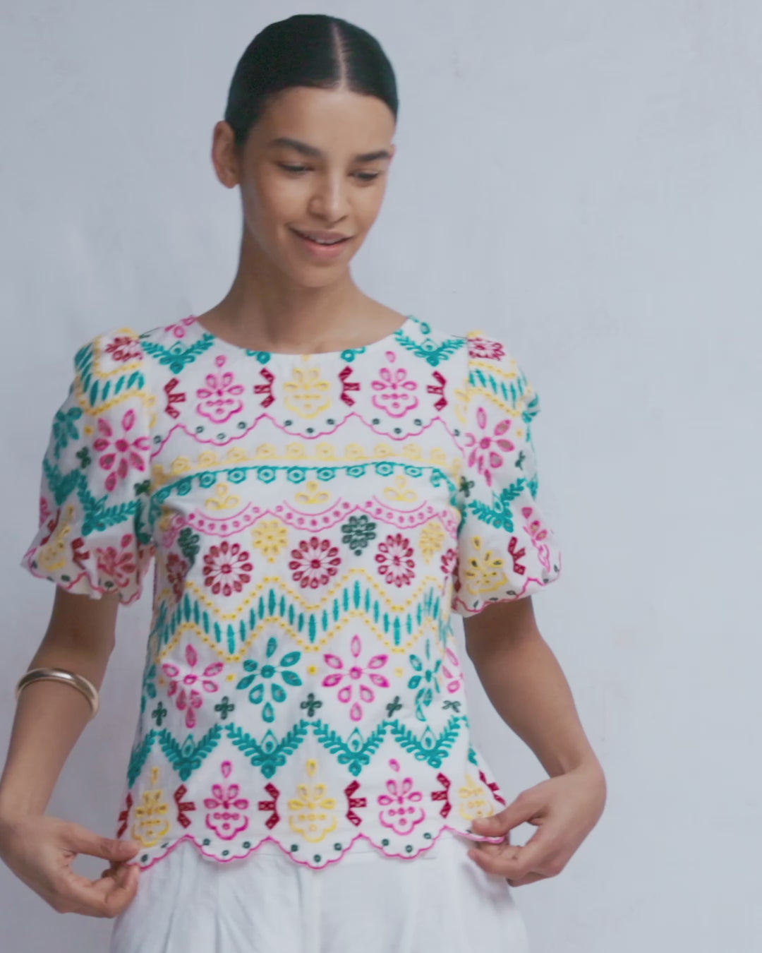 Linen Puff Sleeve Top-Multi Broderie-2
