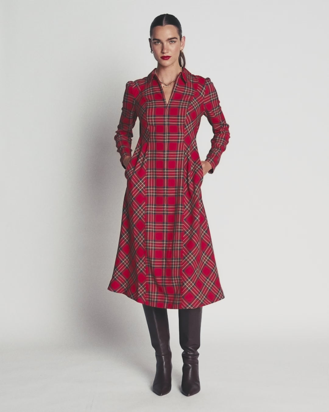 Una Collared Check Midi Dress
