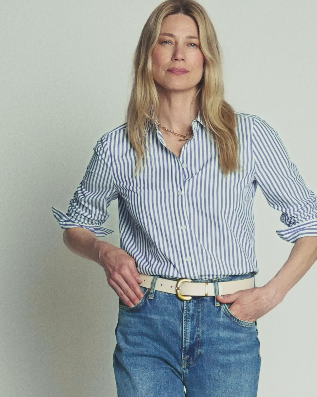 The New Sienna Cotton Shirt-Bright Blue, Ivory Stripe-2