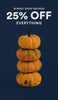 Four orange pumpkins are stacked vertically against a dark navy background beneath the text “Scarily Good Savings, 25% Off Everything.” The promotional video features the seasonal Halloween offer in bold white lettering, with the pumpkins arranged in a tower at the centre.