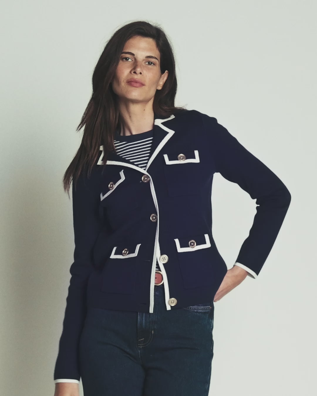 Phoebe Collared Knitted Jacket-Navy
