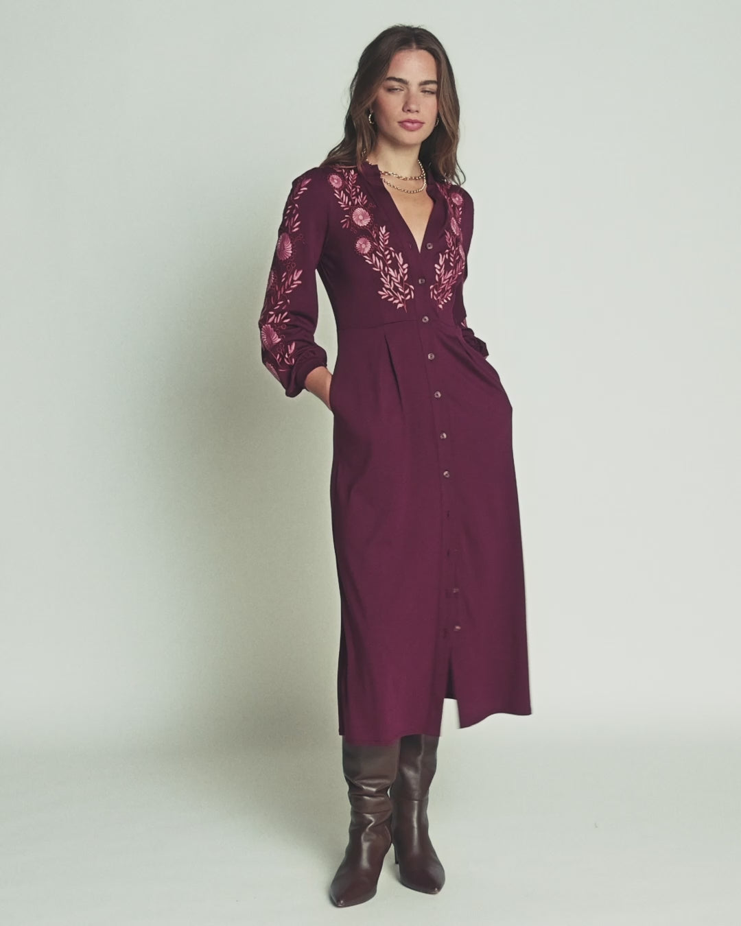 Juliet Jersey Midi Dress - Dark Cherry Embroidery | Boden USA