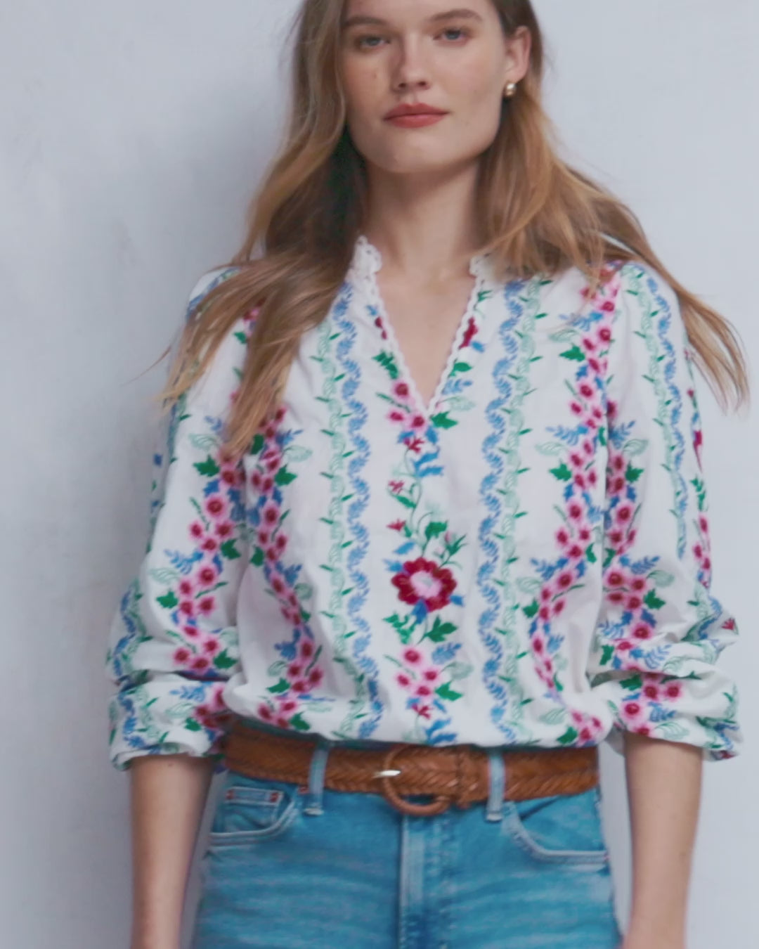 Embroidered Notch Neck Top-Floral Embroidery-2