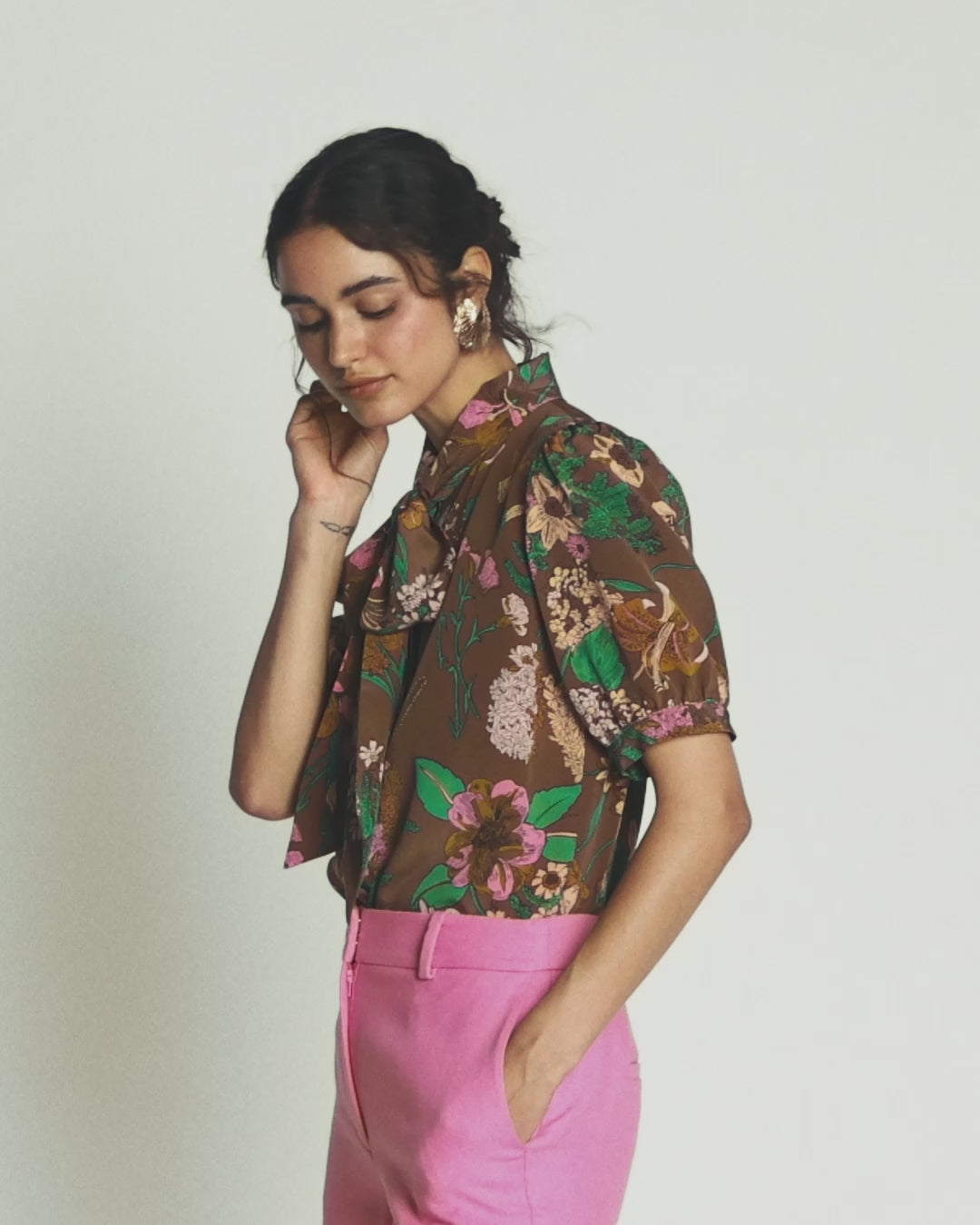 Tie Neck Silk Top-Woodland, Whimsical Flora-2